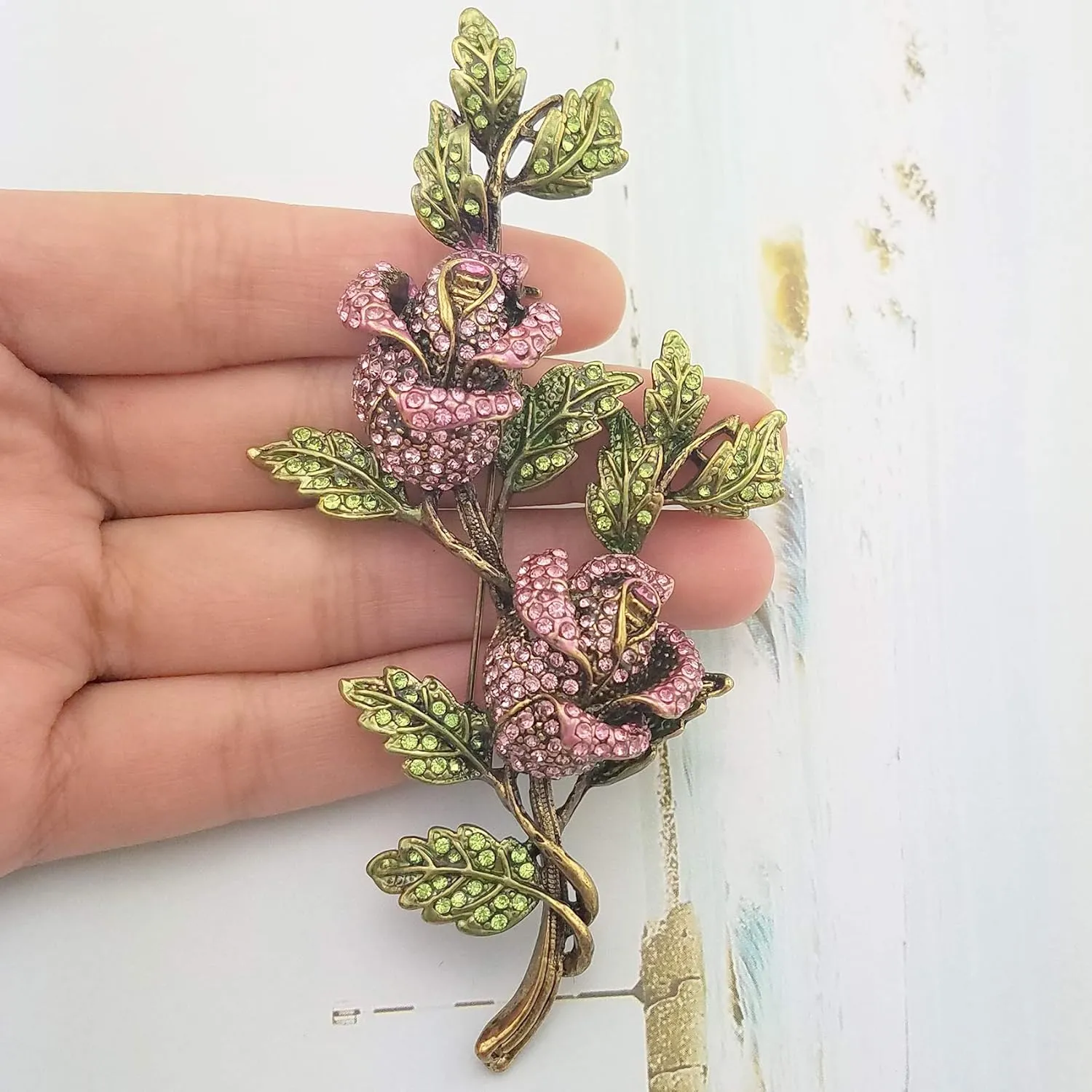 SELOVO Women's Sparkly 4in Long Big Rose Flower Leaf Large Brooch Pin Pendant Gold Tone