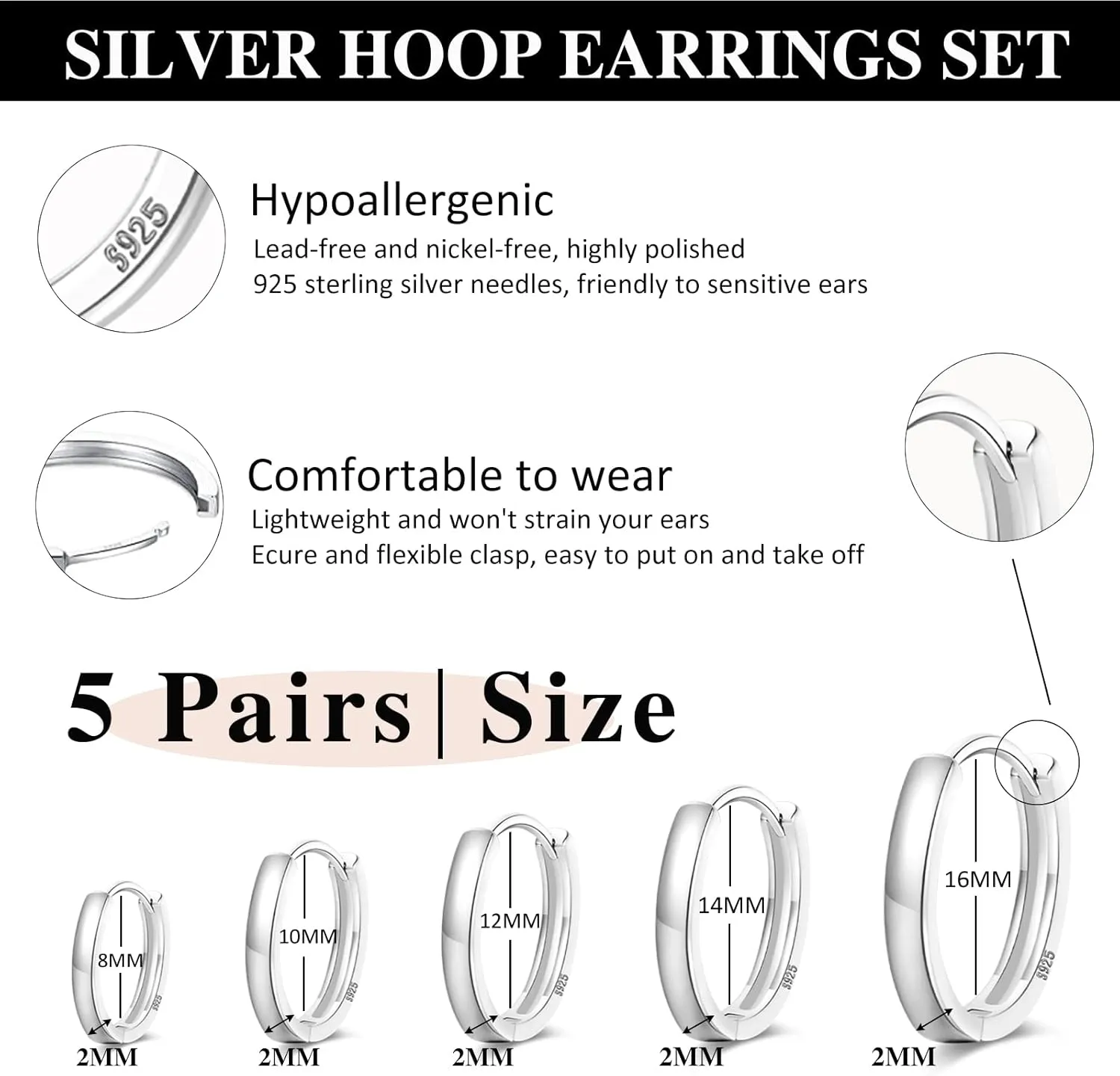 Senteria 925 Sterling Silver Plated Hoop Earring 5 Pairs Small Silver Hoop Earrings Hypoallergenic Silver Hoop Earring for Women Cartilage Sleepers Huggie Earrings Sets 8/10/12/14/16mm