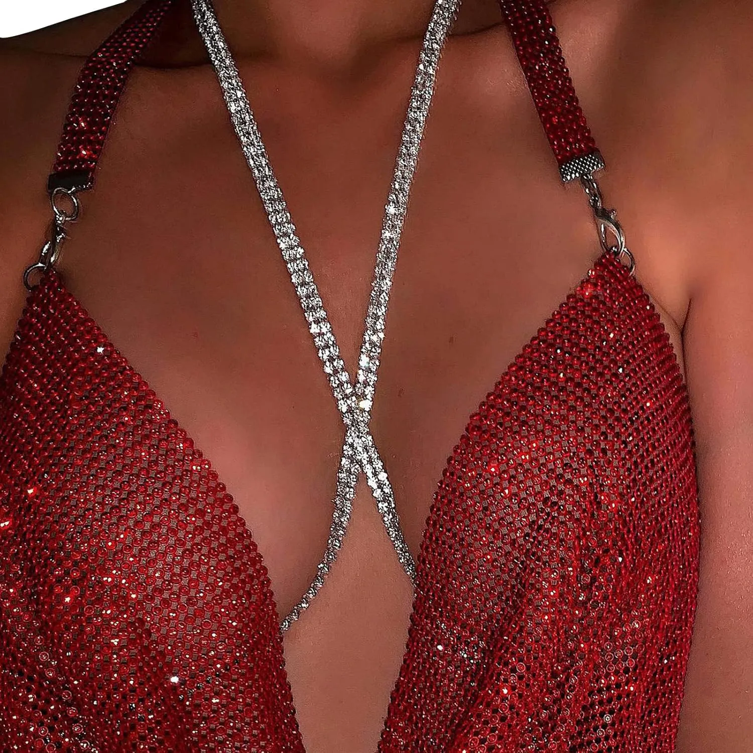 Sexy Rhinestone Bra Body Chain Jewelry Harness Cross Chest Chain Bikini Rave Crystal Body Chain Rhinestone Underwear Body Chain for Women