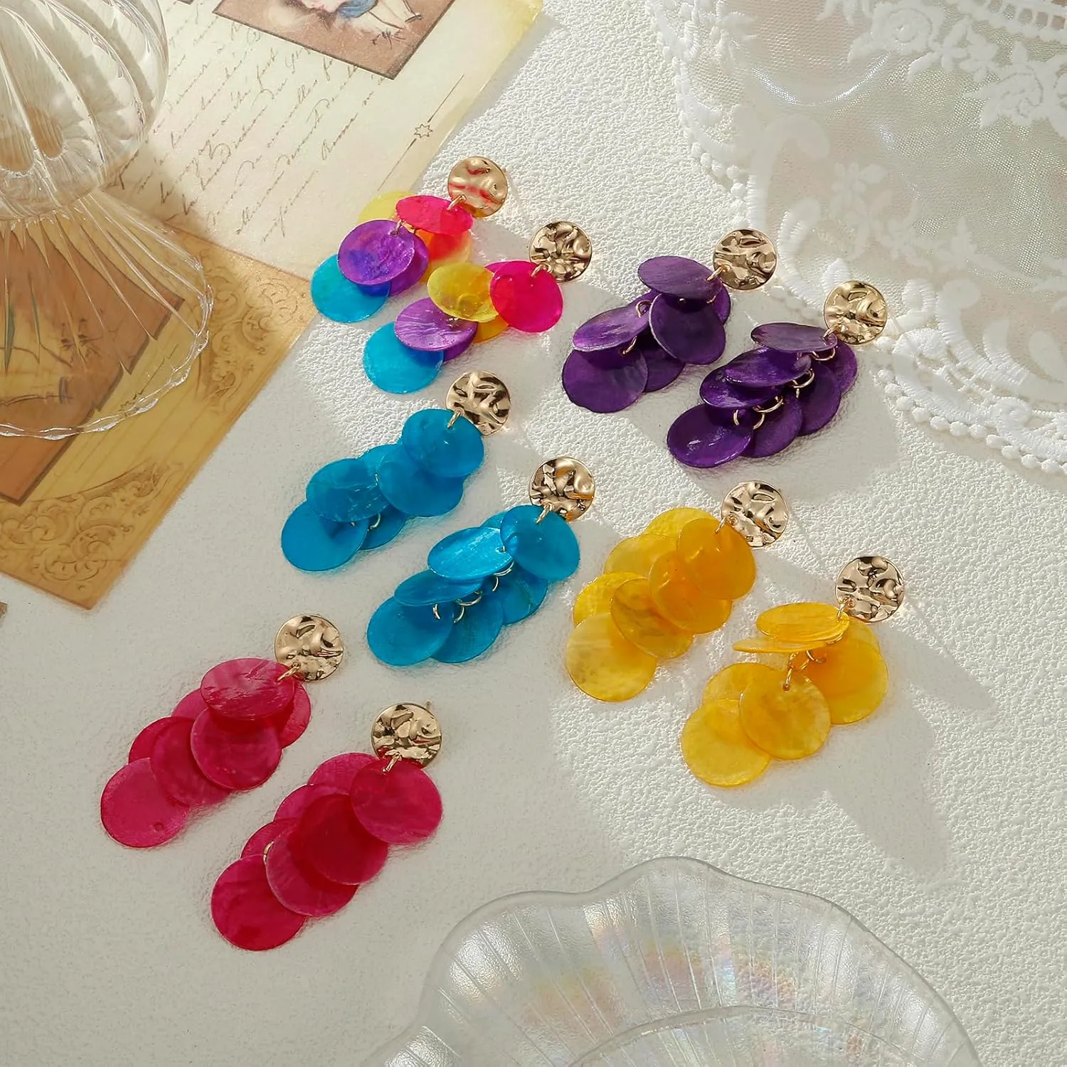 Shell Earrings for Women, Cluster of Round Shell Drop Dangle Earrings Summer Beach Jewelry