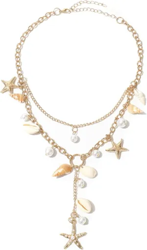Shell Starfish Necklace for Women Chunky Statement Conch Y Necklace Gold Layered Pearl Puka Shell Neckalce Dainty Summer Beach Vacation Neckalce Ocean Simple Cowrie Fashion Jewelry