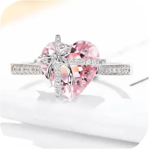 Shiny Pink Heart Shaped Cubic Zirconia Bow Open Ring for Women Dainty Cute Elegant Promise Engagement Wedding Statement Simulated Diamond Anniversary Valentine's Day Birthday Ring for Her