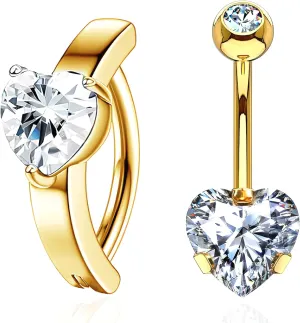 SHINYY 2 Piece Heart Belly Button Rings for Women Surgical Steel Cubic Zirconia Navel Clicker Body Piercing Jewelry for Mother and Daughter