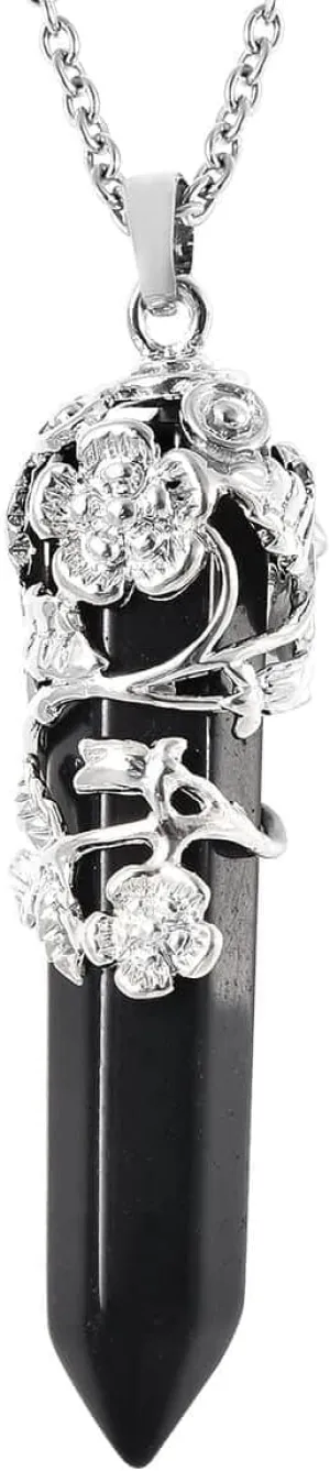 Shop LC Real Natural Black Obsidian Necklace for Women 24" with Lobster Clasp - Healing Crystal Necklaces for Women with Flower Wrapped Black Obsidian Pendant Jewelry Birthday Mothers Day
