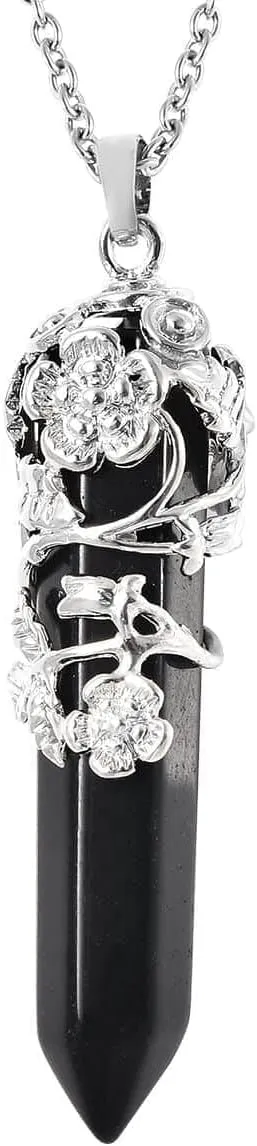 Shop LC Real Natural Black Obsidian Necklace for Women 24" with Lobster Clasp - Healing Crystal Necklaces for Women with Flower Wrapped Black Obsidian Pendant Jewelry Birthday Mothers Day