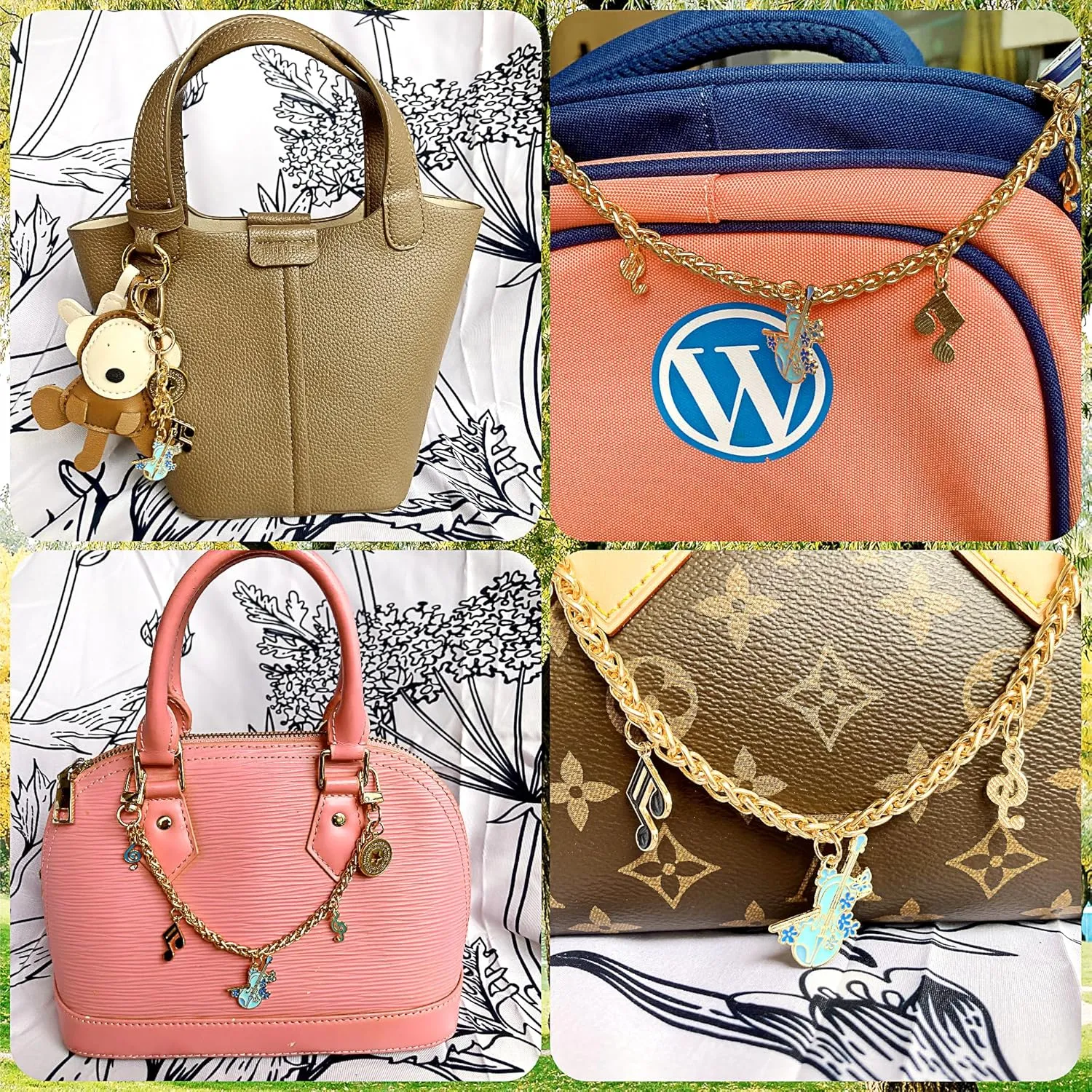 SIGZKK Cute Gold Heart Bow Ribbon Jellyfish Cherry Guitar Violin Keychain Bag Charms Accessories for Women Purse Handbags