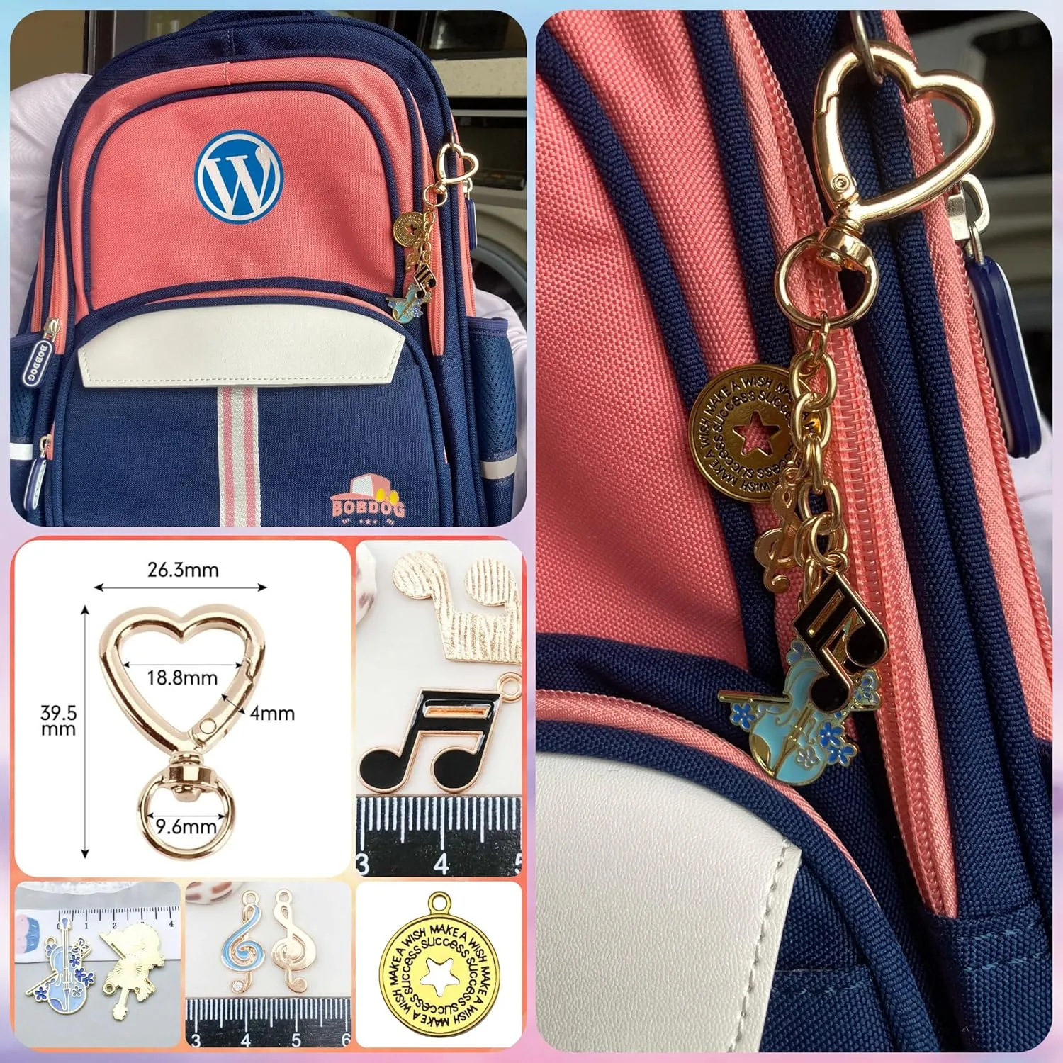 SIGZKK Cute Gold Heart Bow Ribbon Jellyfish Cherry Guitar Violin Keychain Bag Charms Accessories for Women Purse Handbags