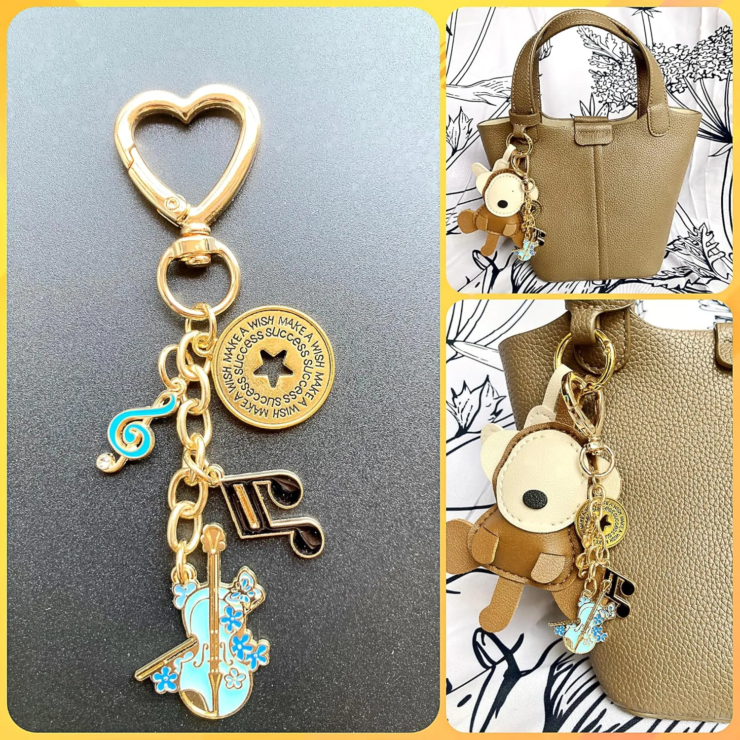SIGZKK Cute Gold Heart Bow Ribbon Jellyfish Cherry Guitar Violin Keychain Bag Charms Accessories for Women Purse Handbags