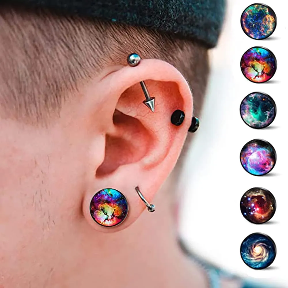 SIISPRI 6Pairs Galaxy Mens Earrings Set Hypoallergenic Surgical Stainless Steel Round Circle Button Stud Post Earrings 10MM