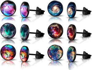 SIISPRI 6Pairs Galaxy Mens Earrings Set Hypoallergenic Surgical Stainless Steel Round Circle Button Stud Post Earrings 10MM