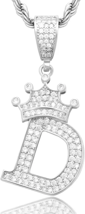 Silver A-Z Letter Initial Crown Necklace, Cute Bling Personalized Alphabet Name Pendant Necklace, 24-inch Rope Chain Hip Hop Charm Glitter Shiny Cubic Zirconia Large Letter Mom Men Women Jewelry