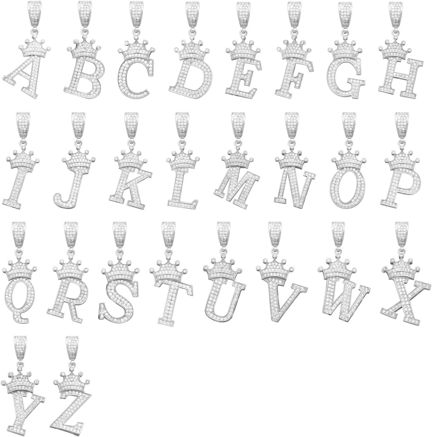 Silver A-Z Letter Initial Crown Necklace, Cute Bling Personalized Alphabet Name Pendant Necklace, 24-inch Rope Chain Hip Hop Charm Glitter Shiny Cubic Zirconia Large Letter Mom Men Women Jewelry