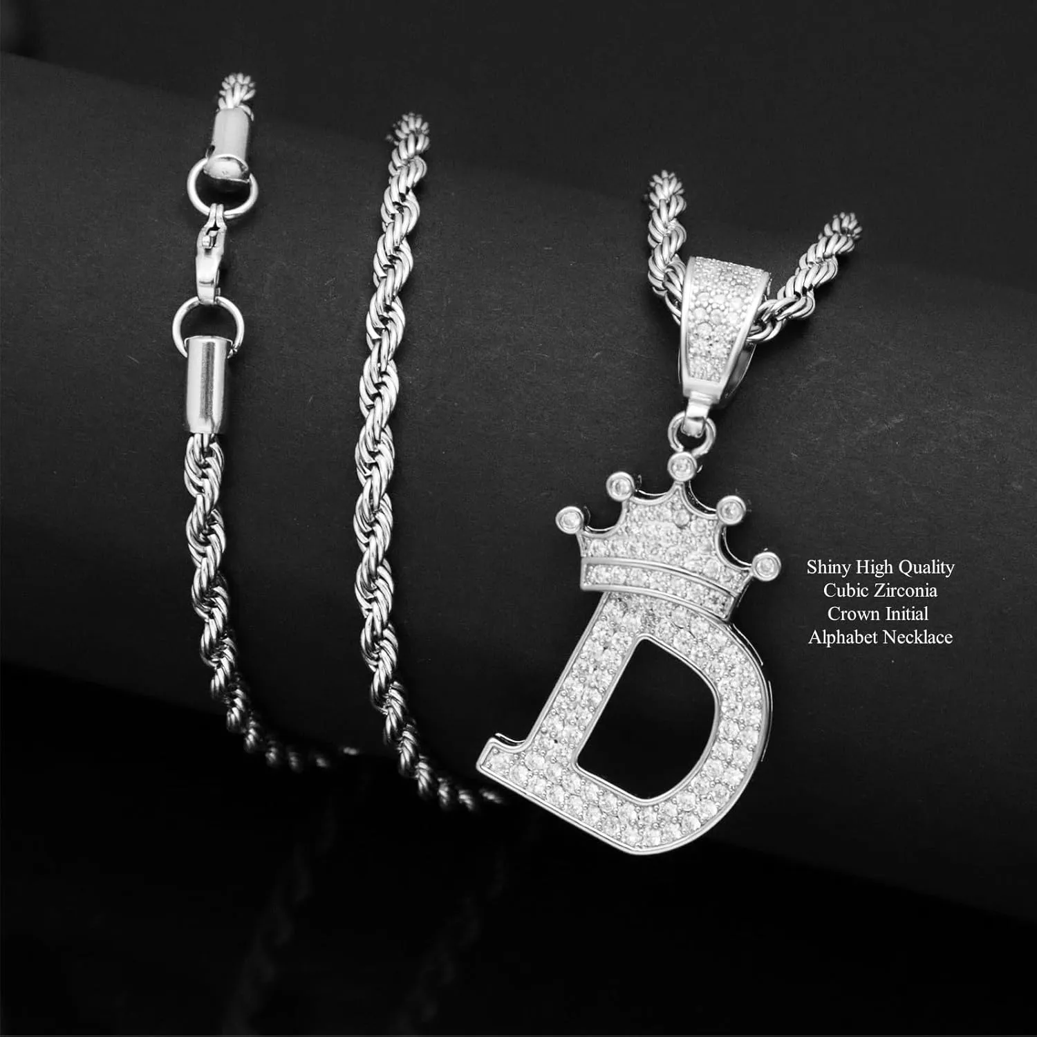 Silver A-Z Letter Initial Crown Necklace, Cute Bling Personalized Alphabet Name Pendant Necklace, 24-inch Rope Chain Hip Hop Charm Glitter Shiny Cubic Zirconia Large Letter Mom Men Women Jewelry