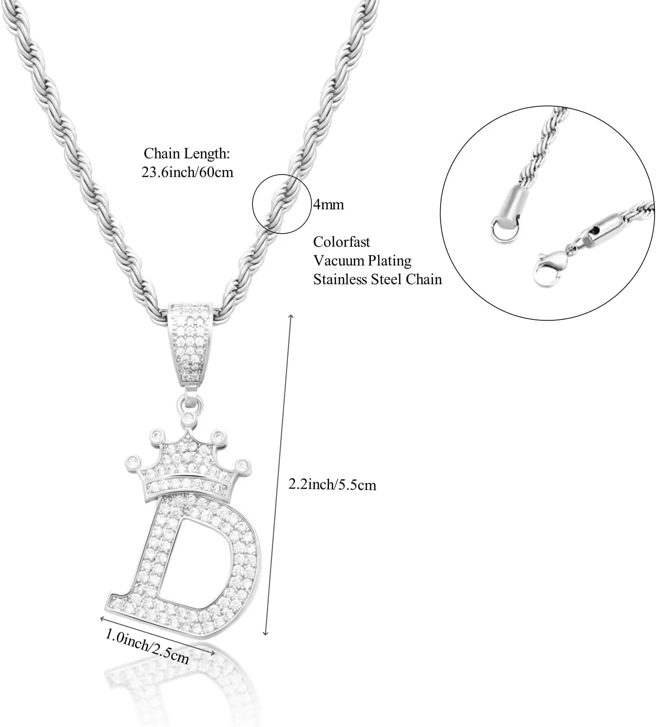 Silver A-Z Letter Initial Crown Necklace, Cute Bling Personalized Alphabet Name Pendant Necklace, 24-inch Rope Chain Hip Hop Charm Glitter Shiny Cubic Zirconia Large Letter Mom Men Women Jewelry