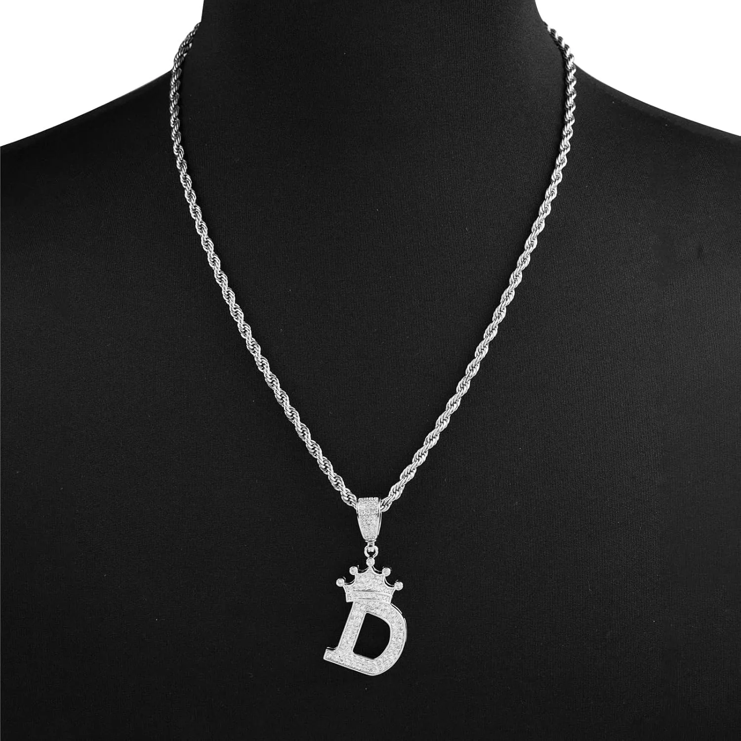 Silver A-Z Letter Initial Crown Necklace, Cute Bling Personalized Alphabet Name Pendant Necklace, 24-inch Rope Chain Hip Hop Charm Glitter Shiny Cubic Zirconia Large Letter Mom Men Women Jewelry