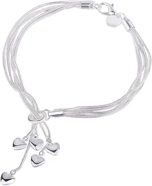 Silver Bracelet for Women Friendship Bracelet Silver Heart Charm Chain Bracelet Birthday Gifts Love Adjustable Hand Chain Sister Bracelet Mother Day Gift