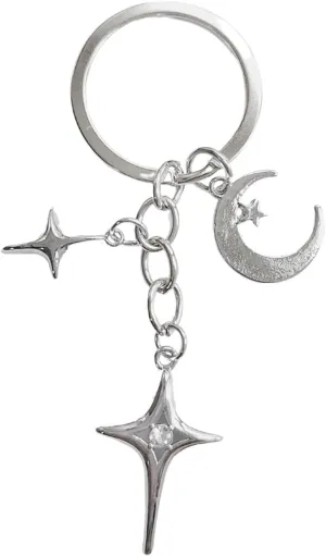 Silver Cute Star Moon Keychain Aesthetic Accessories Stainless Steel Key Ring Purse Handbag Backpack Bag Charms Car Holder Convenient to Carry Decoration,Keyrings and Charms Accessories