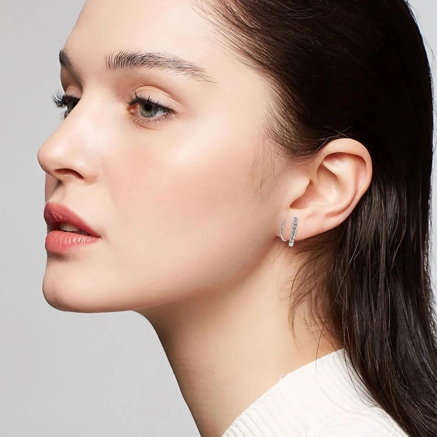 Silver Double Hoop Spiral Twist Earrings for Women Stainless Steel Handmade Cartilage Piercing Earring for Women Girls on Birthday Mothers Day Gifts