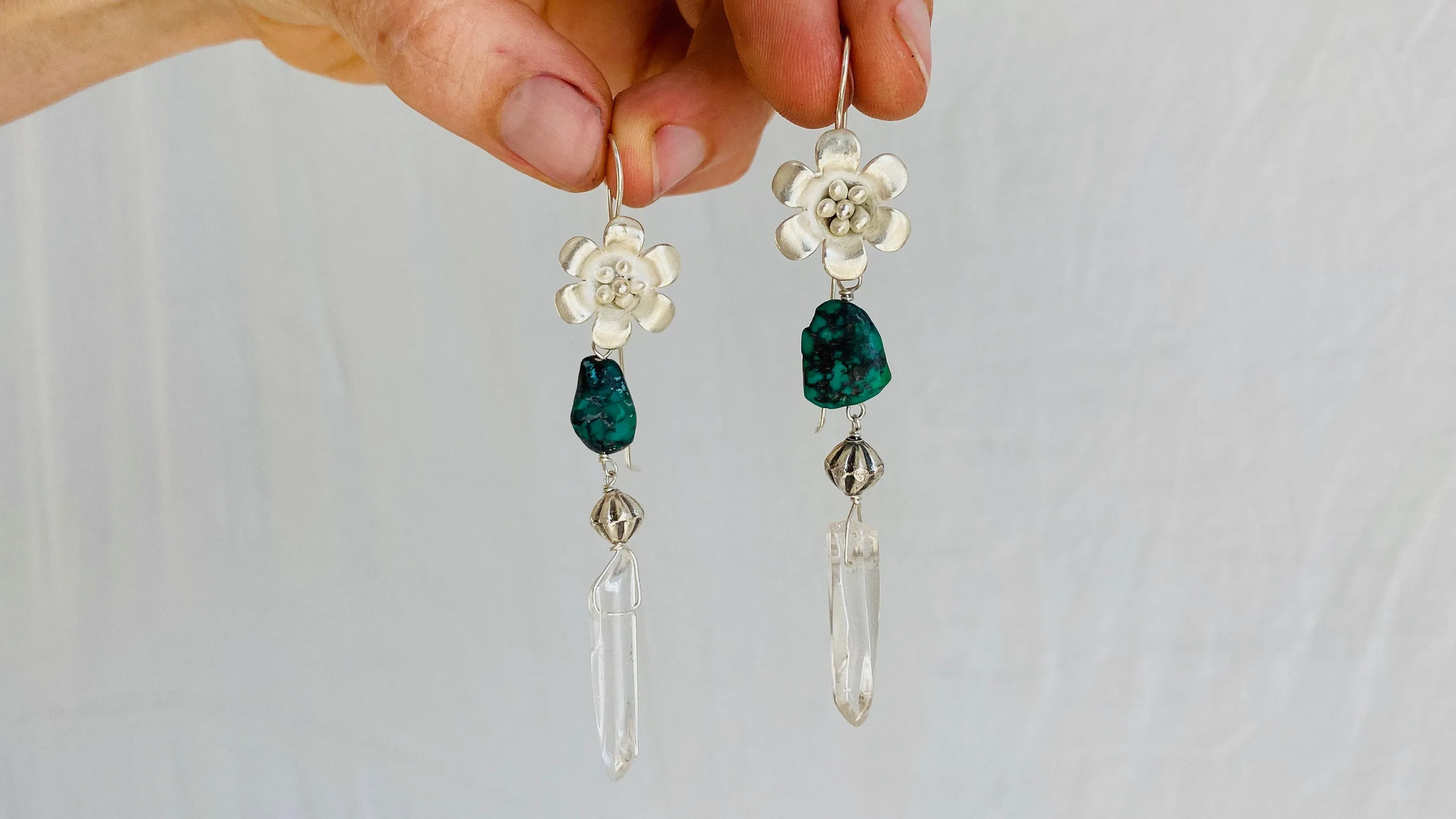 Silver Flower, Turquoise & Crystal Earrings.