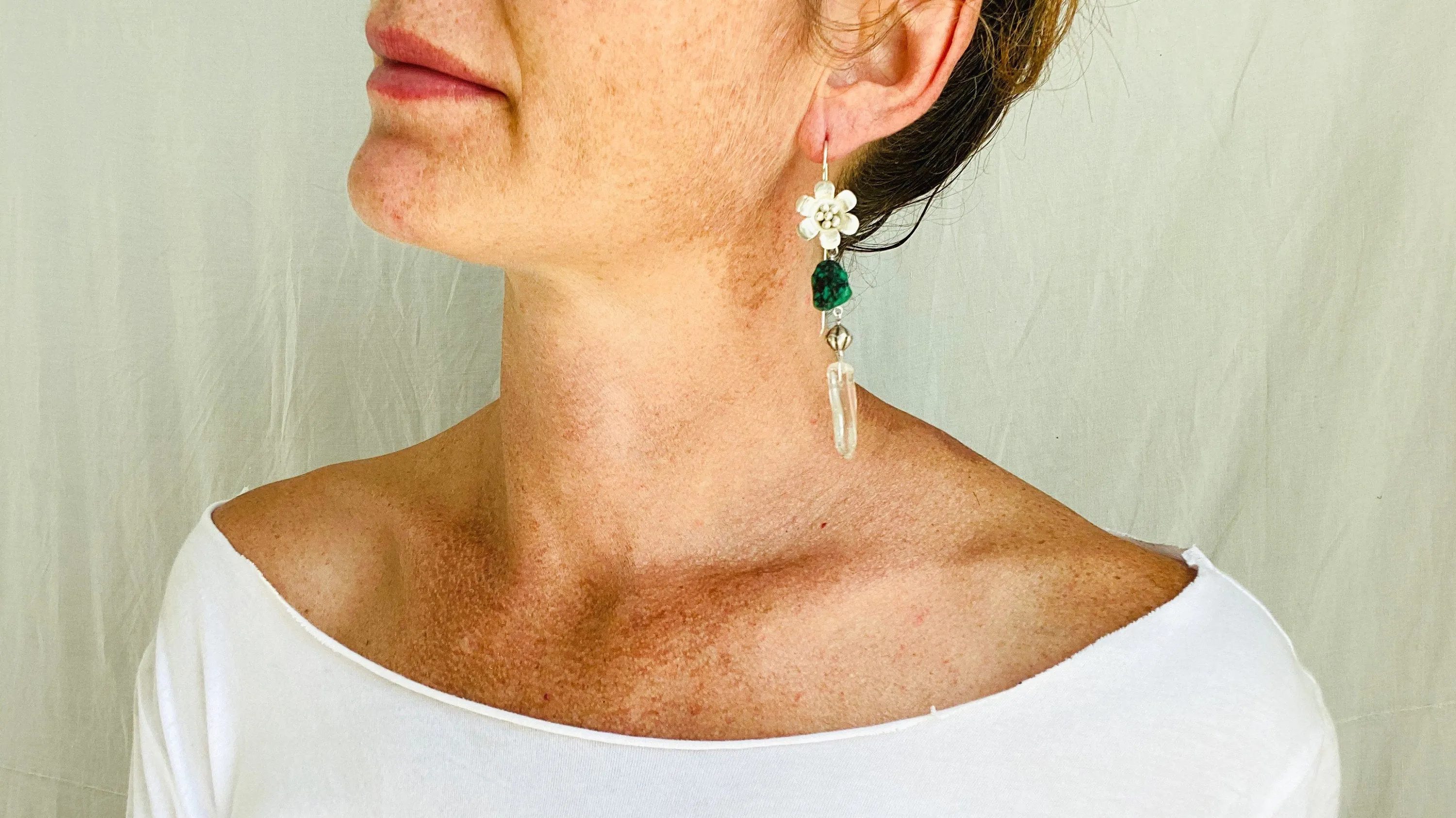 Silver Flower, Turquoise & Crystal Earrings.