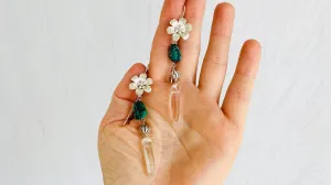 Silver Flower, Turquoise & Crystal Earrings.
