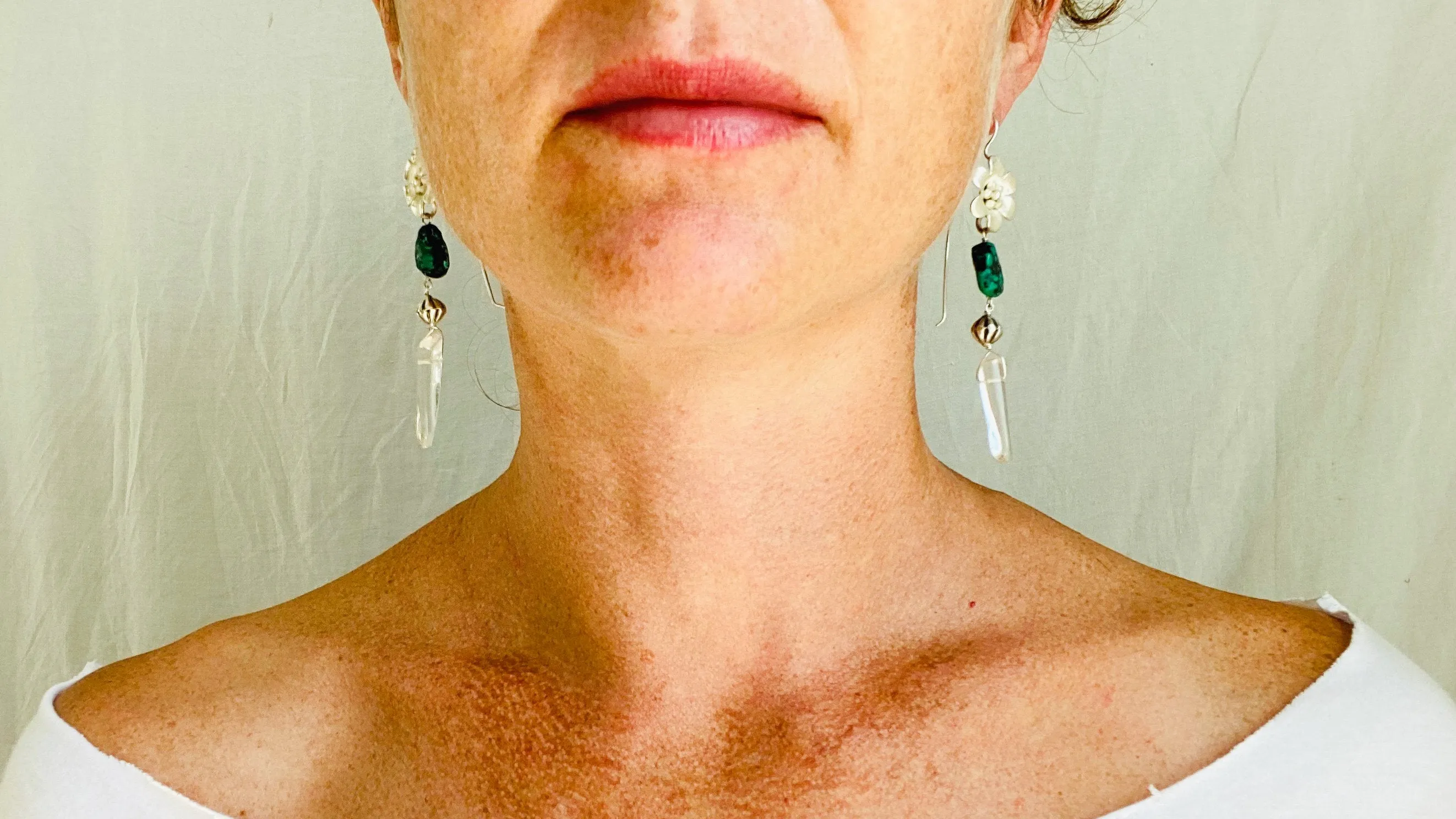 Silver Flower, Turquoise & Crystal Earrings.