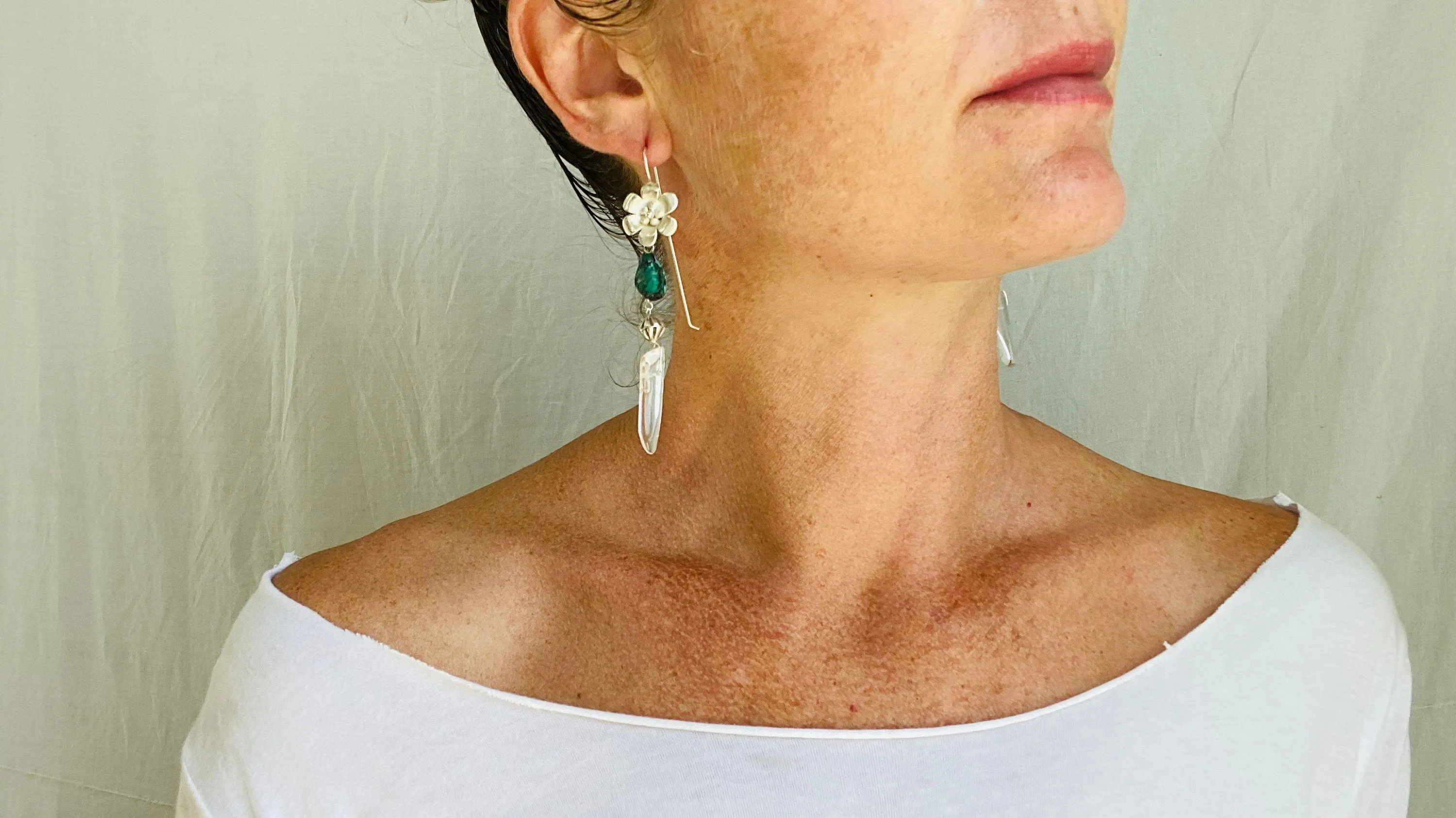 Silver Flower, Turquoise & Crystal Earrings.