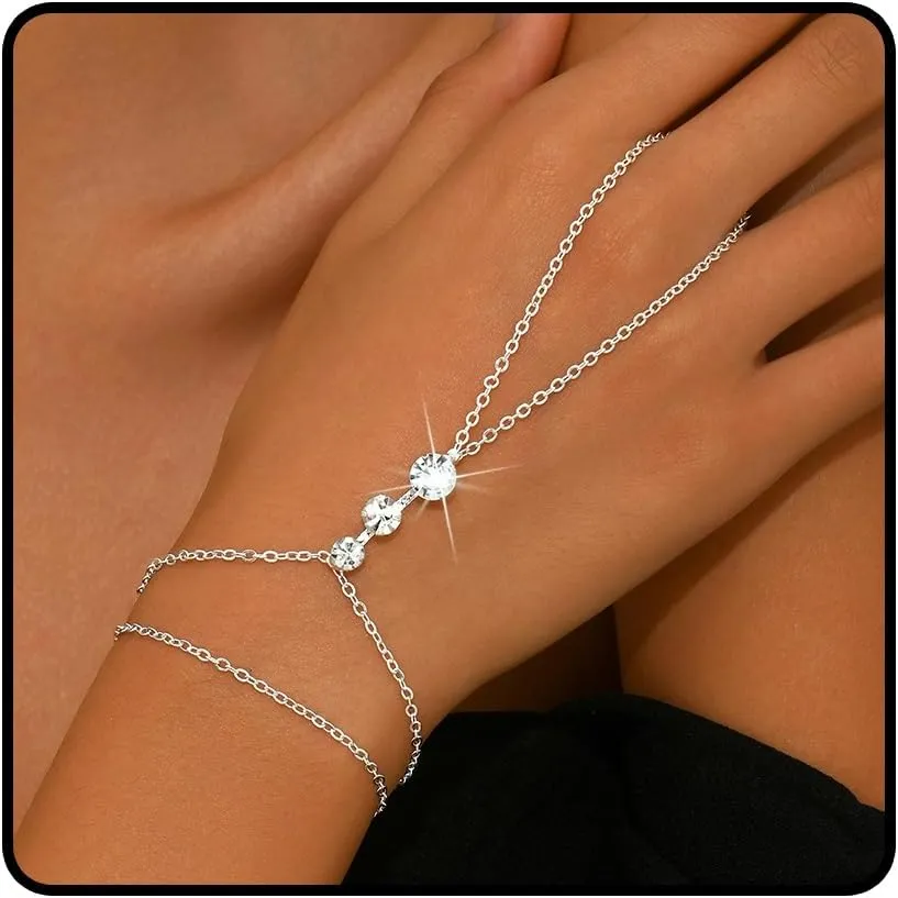 Silver Hand Chain Bracelet for Women Sparkly Crystal Ring Bracelet Hand Chain Non Tarnish Waterproof Ring Bra-celet Prom Wedding Party Body Jewelry Accessories Gifts