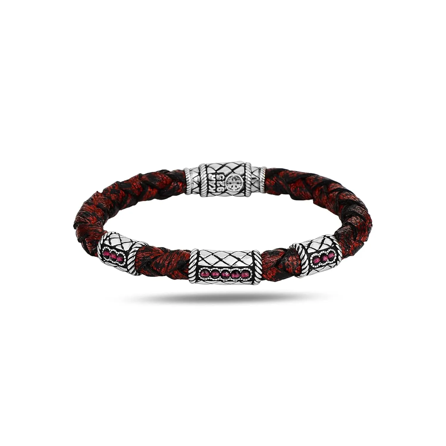 Silver Leather Bracelet, Ruby Stone Bracelet, Red Leather Unique Anniversary Gift For Men Vintage Bracelet, 925k Sterling Silver Bracelet