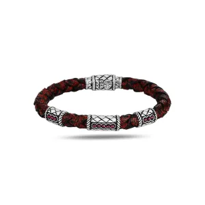 Silver Leather Bracelet, Ruby Stone Bracelet, Red Leather Unique Anniversary Gift For Men Vintage Bracelet, 925k Sterling Silver Bracelet
