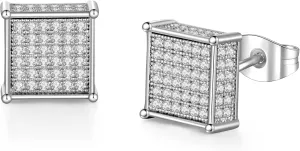Silver Square Stud Earrings for Men with Full Cubic Zirconia Hypoallergenic Earrings Studs for Sensitive Ears Trendy Mens Hiphop Stud Jewelry