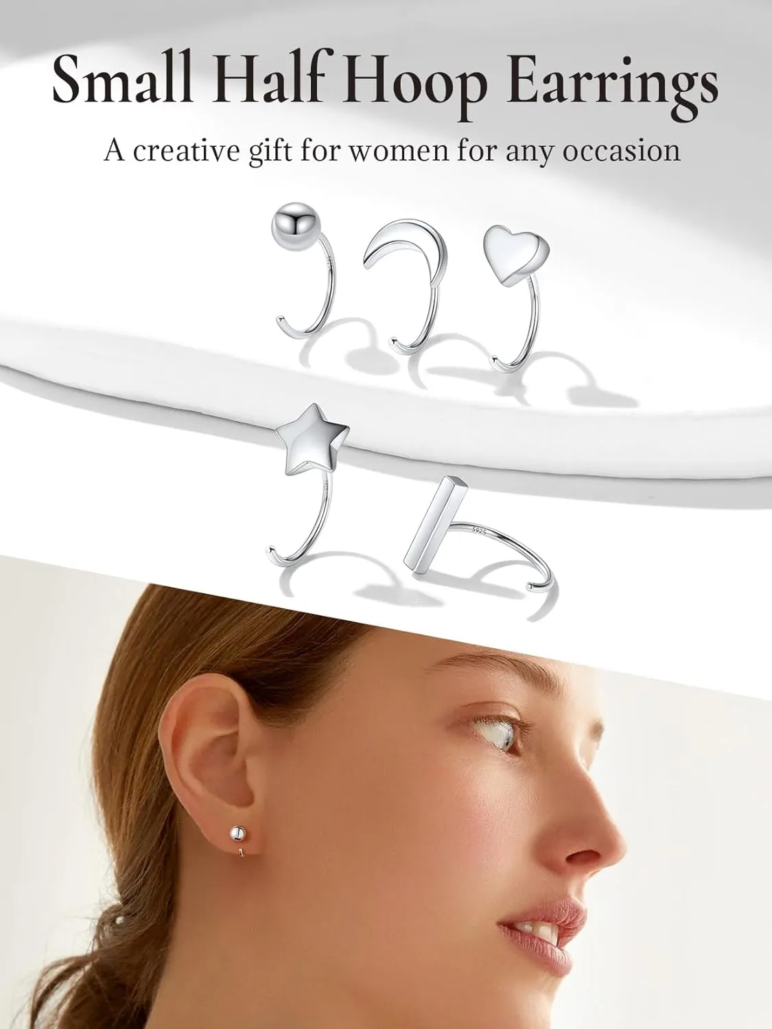 SILVERCUTE 925 Sterling Silver Half Hoop Earrings,Bar/Heart/Moon/Star/Ball/Butterfly/Cubic Zirconia Open Huggie Earrings,Tiny Minimalist Cartilage Earrings for Women