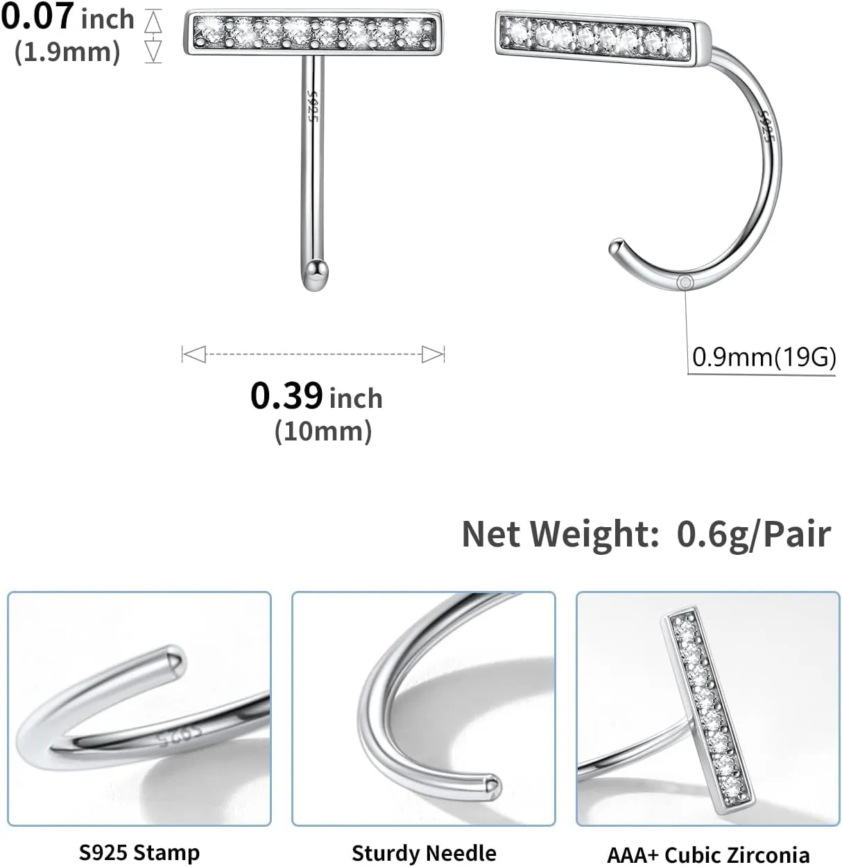 SILVERCUTE 925 Sterling Silver Half Hoop Earrings,Bar/Heart/Moon/Star/Ball/Butterfly/Cubic Zirconia Open Huggie Earrings,Tiny Minimalist Cartilage Earrings for Women