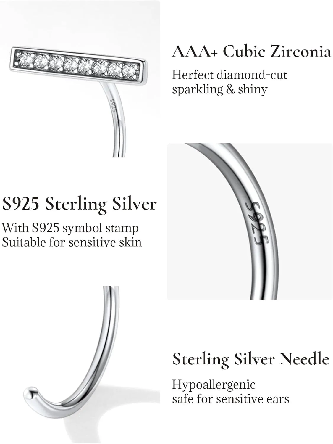 SILVERCUTE 925 Sterling Silver Half Hoop Earrings,Bar/Heart/Moon/Star/Ball/Butterfly/Cubic Zirconia Open Huggie Earrings,Tiny Minimalist Cartilage Earrings for Women