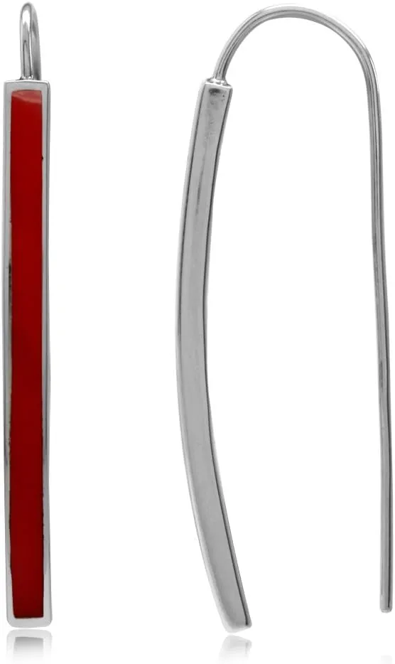 Silvershake Long Stone Inlay White Gold Plated or Yellow Gold Plated 925 Sterling Silver Linear Threader Earrings Jewelry for Women