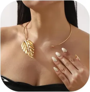 Simple Open Round Cuff Leaf Pendant Necklace Summer Bead Body Chain Adjustable Collar Chain Necklace Jewelry for Women