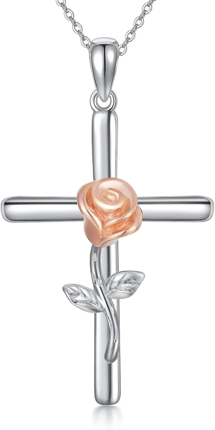 SISGEM 10K Real Gold Cross Pendant Necklace for Women,White/Rose Gold Rose Flower Cross Necklaces Anniversary Birthday Gifts for Mom Wife 16"-18''