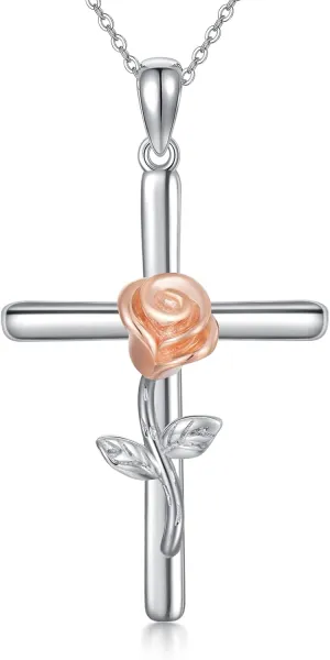 SISGEM 10K Real Gold Cross Pendant Necklace for Women,White/Rose Gold Rose Flower Cross Necklaces Anniversary Birthday Gifts for Mom Wife 16"-18''