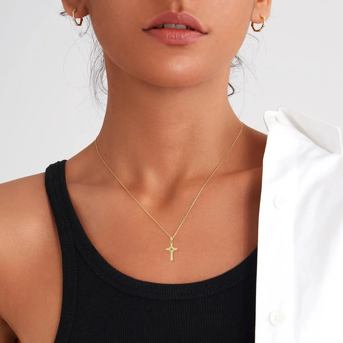 SISGEM 14K Real Gold Cross Pendant Necklace for Women,Yellow Gold Emerald/Moissanite Cross Necklaces Anniversary Birthday Gifts for Wife Mom 16'' 2''