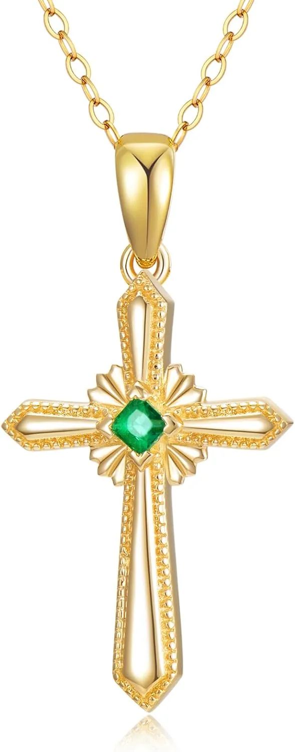 SISGEM 14K Real Gold Cross Pendant Necklace for Women,Yellow Gold Emerald/Moissanite Cross Necklaces Anniversary Birthday Gifts for Wife Mom 16'' 2''
