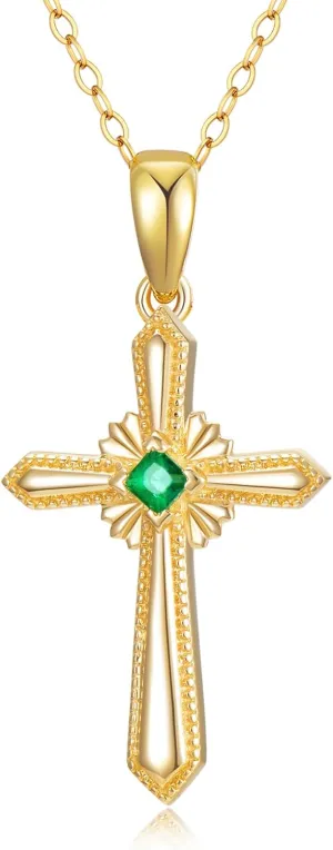 SISGEM 14K Real Gold Cross Pendant Necklace for Women,Yellow Gold Emerald/Moissanite Cross Necklaces Anniversary Birthday Gifts for Wife Mom 16'' 2''