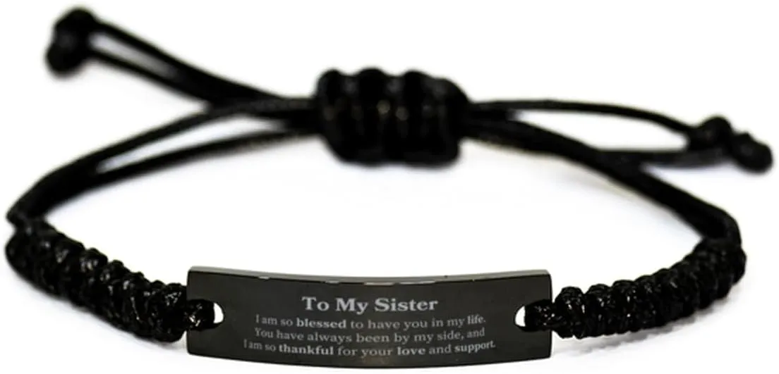 Sister Black Rope Bracelet - Unique Gifts for Sister, Christmas, Birthday - Engraved Love and Support Jewelry for Sisters, Special Bond and Friendship