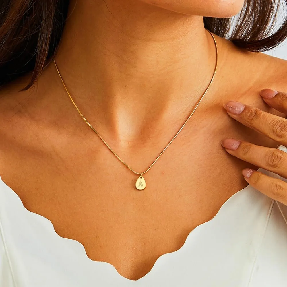 SKQIR Teardrop Initial Letter Necklaces for Women Girls,14k Gold Plated Letter A-Z Tiny waterdrop Pendant Letter Necklace for Women Dainty Minimalist Gift for girls