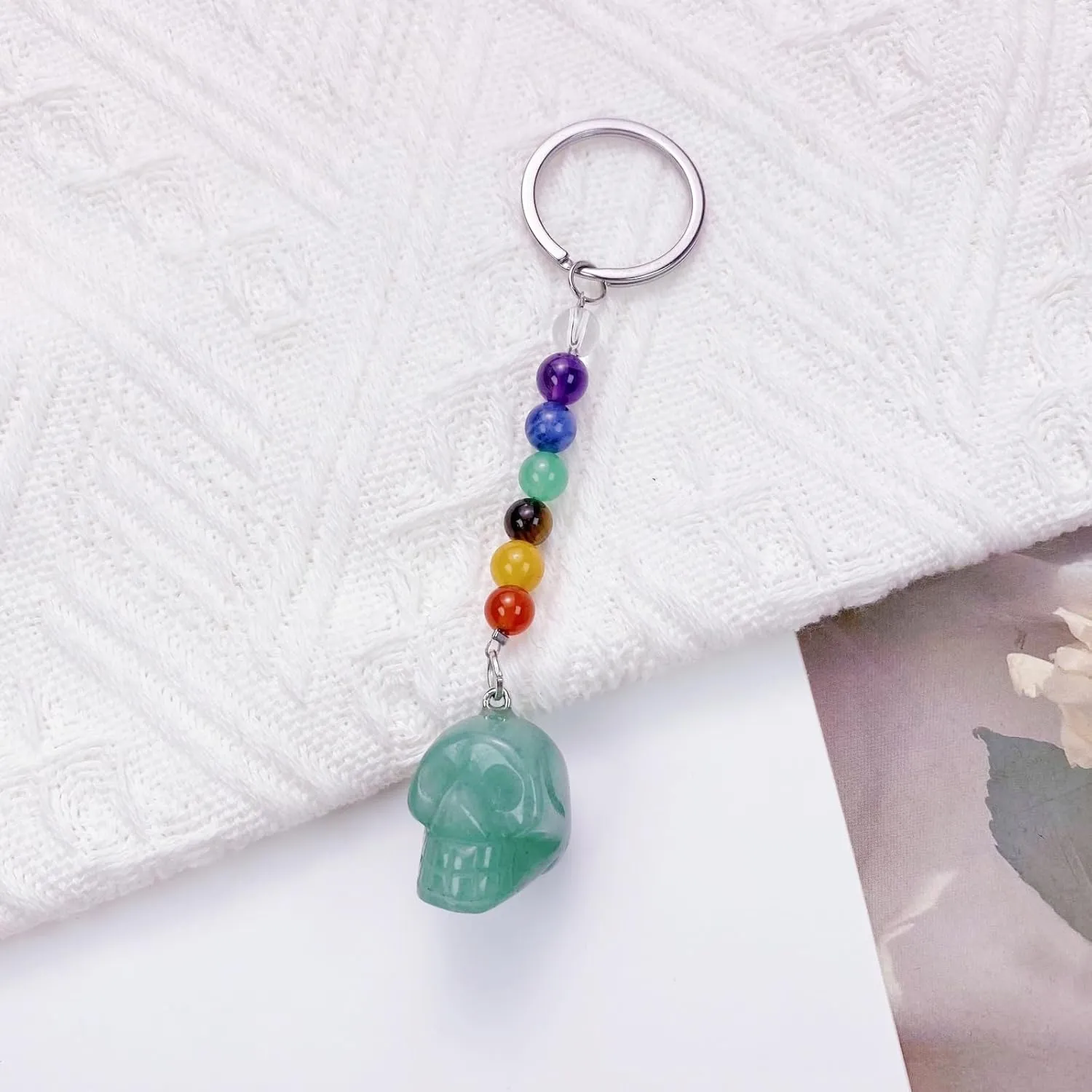 Skull Crystal Stone Keychain Chakra Healing Skeleton Key Chain for Women and Men Keychains for Car Keys, Bag Charms