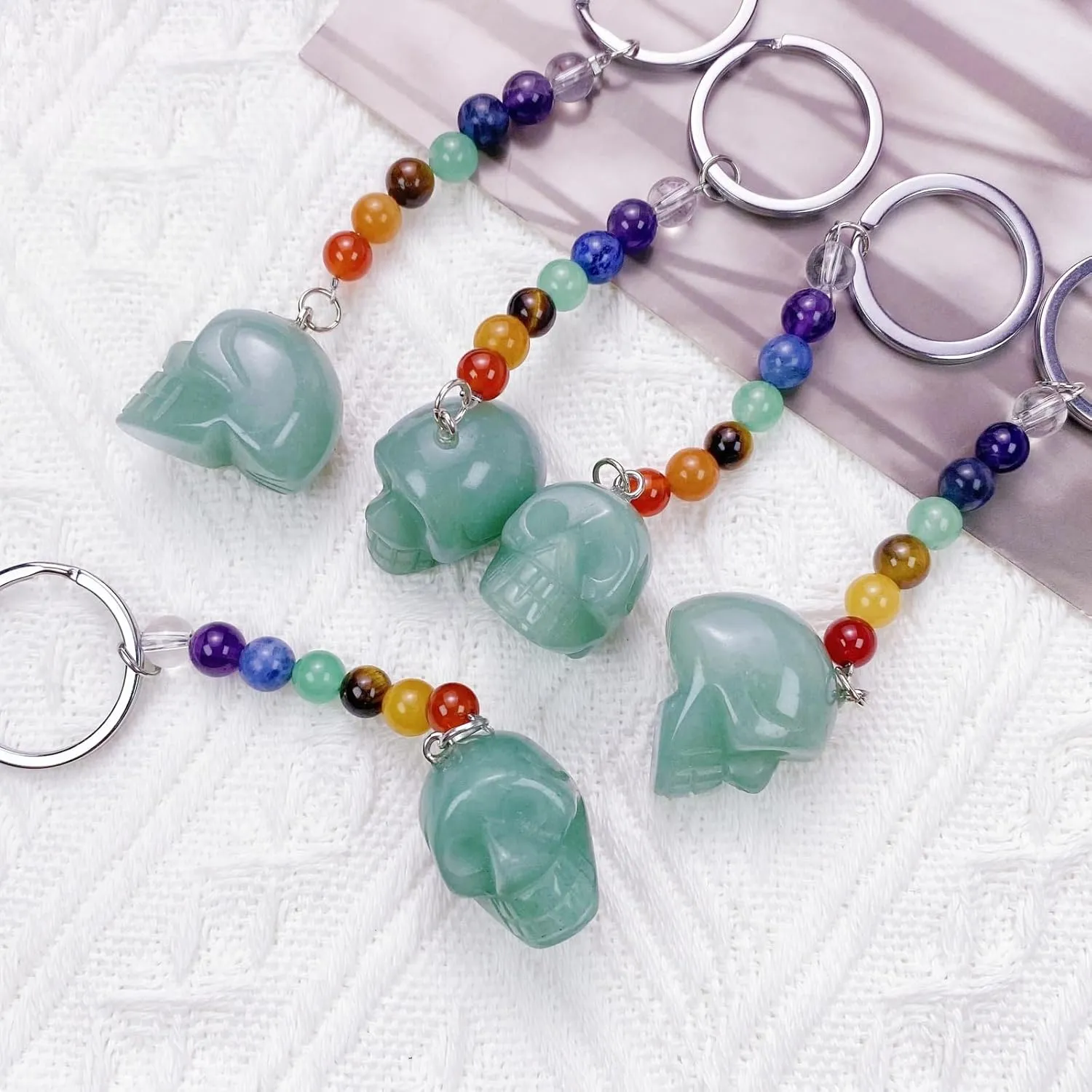 Skull Crystal Stone Keychain Chakra Healing Skeleton Key Chain for Women and Men Keychains for Car Keys, Bag Charms