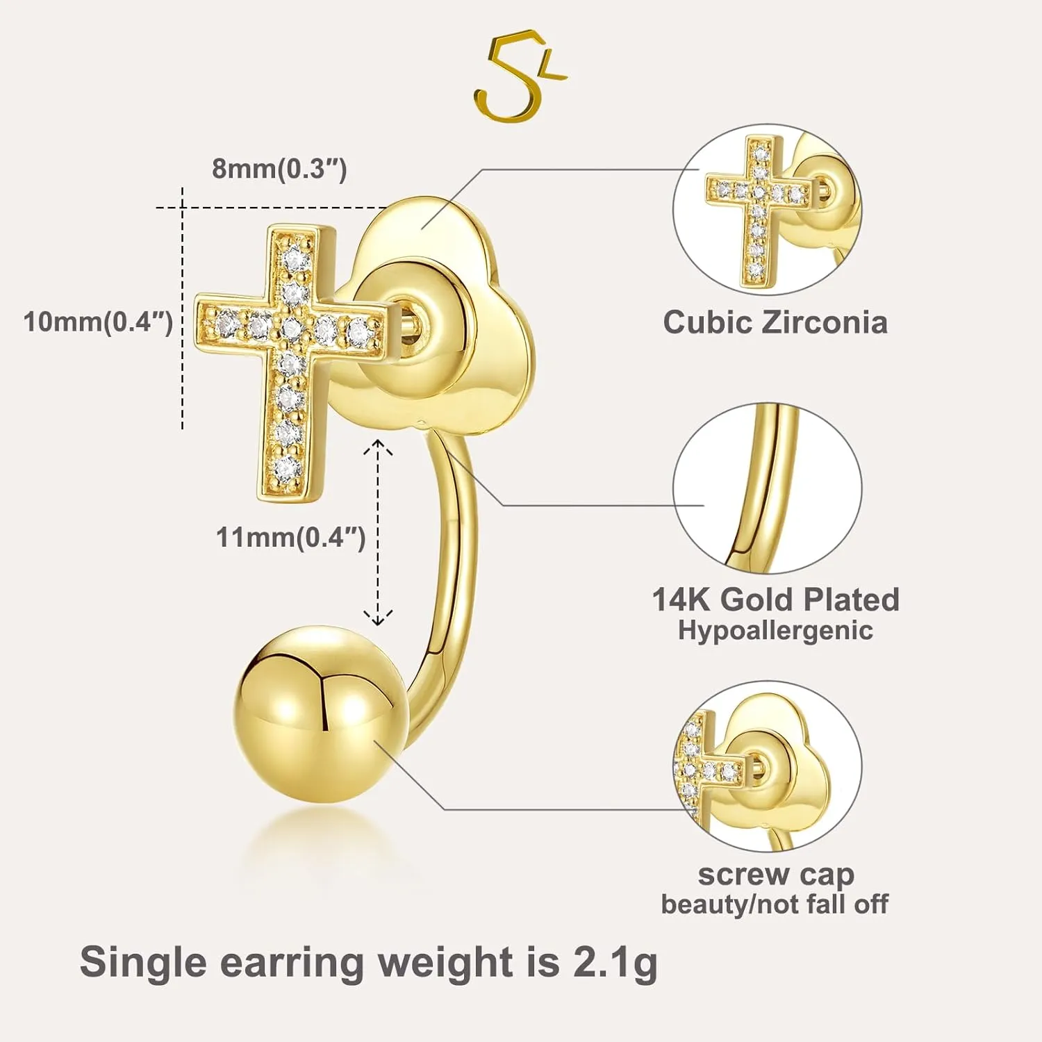 S.L.J Brass 14K Gold Plated Silver Plated Convertible Earrings  Cross, Heart, Star  U-shaped Curved Rod, Dainty Earrings for Women Lightweight