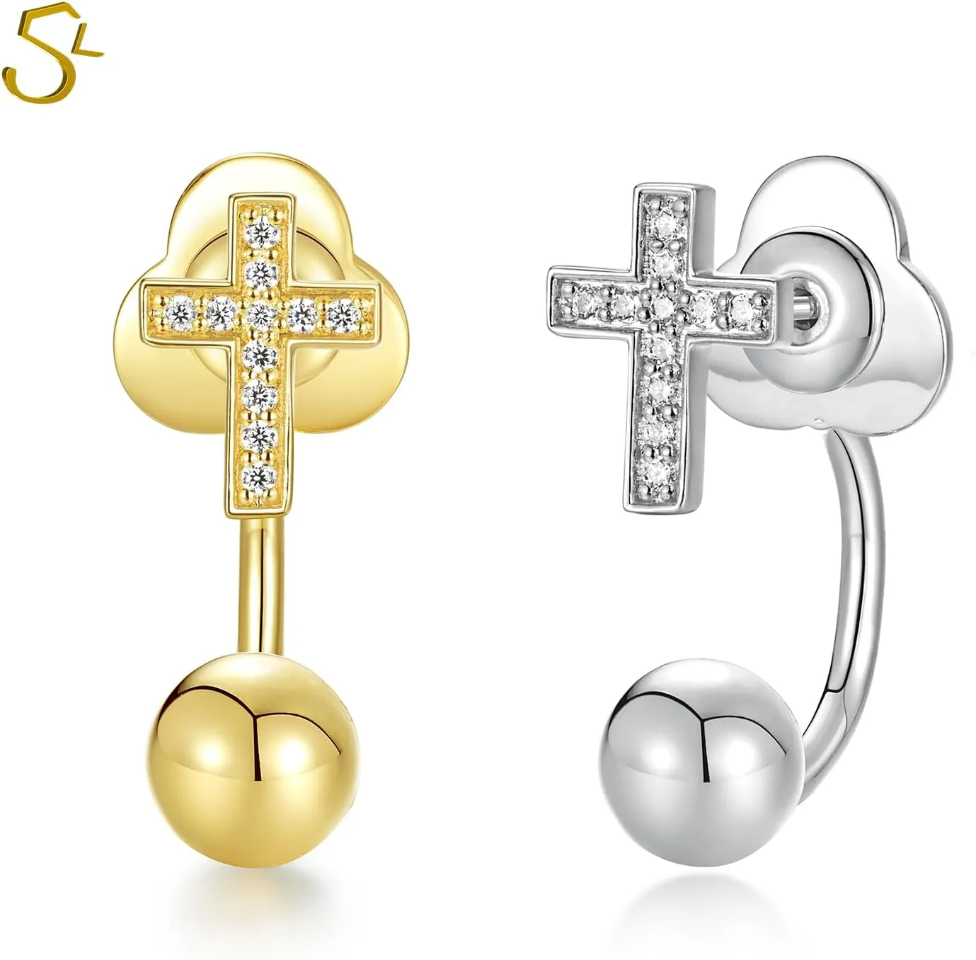 S.L.J Brass 14K Gold Plated Silver Plated Convertible Earrings  Cross, Heart, Star  U-shaped Curved Rod, Dainty Earrings for Women Lightweight