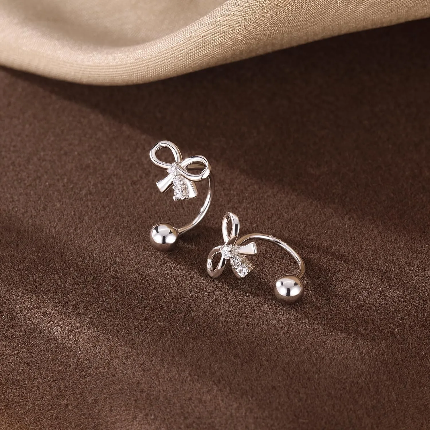 SLUYNZ Sterling Silver Bow Half Hoop Earrings for Women Teens Bow Hoop Earrings Cartilage Helix Piercing Ball Studs