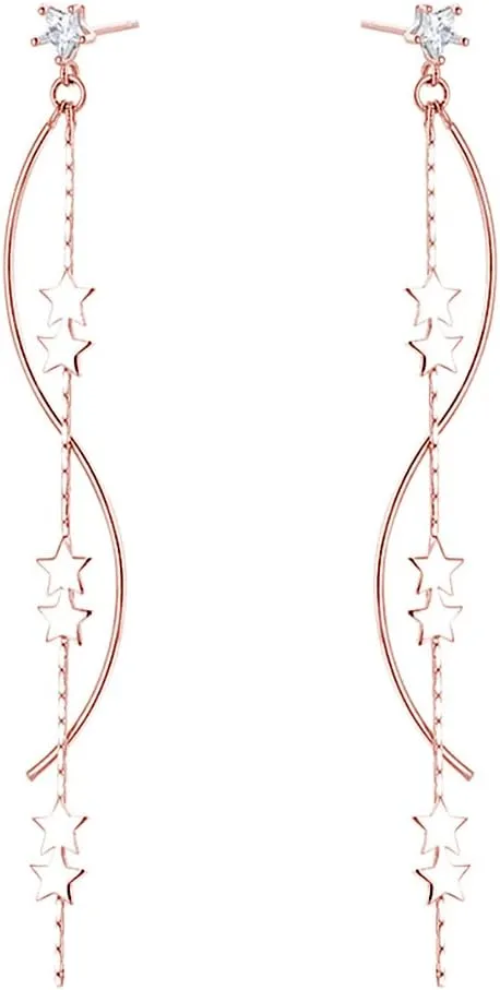 SLUYNZ Sterling Silver Star Dangle Earrings for Women Teens Long Dangle Earrings Chain Curve Tassel