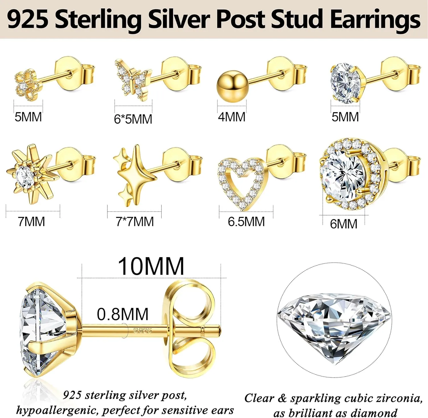 Small Gold Stud Earrings Set for Women Hypoallergenic S925 Sterling Silver Post Butterfly CZ Stud Cartilage Earring Set for Sensitive Ears Jewelry Gift